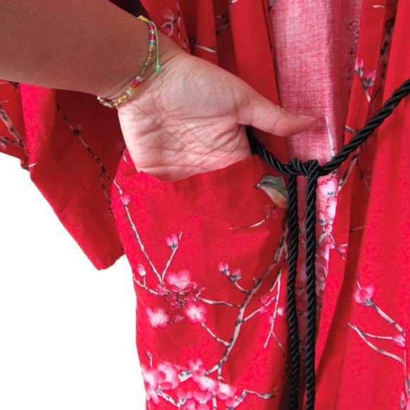 VINTAGE Red Floral Print Kimono Cotton Duster Jacket - Picture 4 of 4